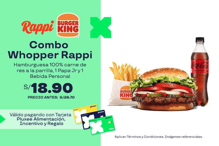 36% OFF EN COMBO WHOPPER RAPPI A S/18.90.